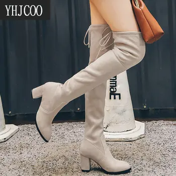 2020 g. Nove tanke čizme od umjetne antilop, Ukusan ženske čizme iznad koljena, Ženske jesen elastične čizme s debelim potplatima s Čizme, ženske cipele