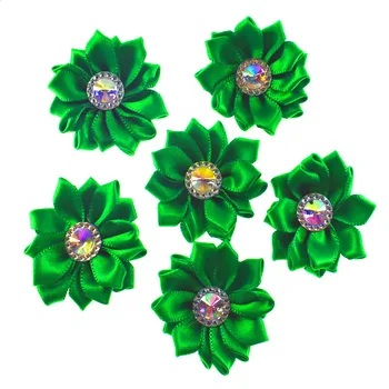 20шт Zelena satin traka cvijeće AB gorski kristal cvjetne aplikacije obrt za šivanje vjenčanje pribor za kosu 4,5 cm
