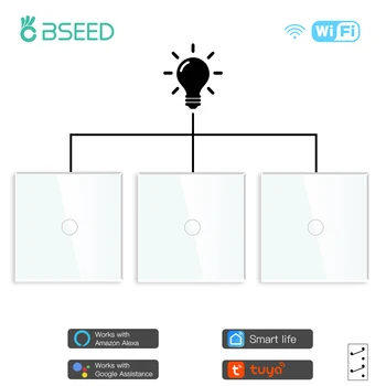 BSEED WIFI Touch Prekidači 1 gang 3Way Tuya Prekidači za Svjetlo Bežično Upravljanje Zidni Pametni Prekidači Google Alexa Smart Life 3 kom