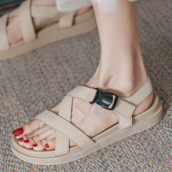 Ljetne ženske sandale na ravne cipele, Novo 2022 godine, modni svestrane studentske sandale s debelim potplatima, Roman cipele, ženske sandale s debelim potplatima