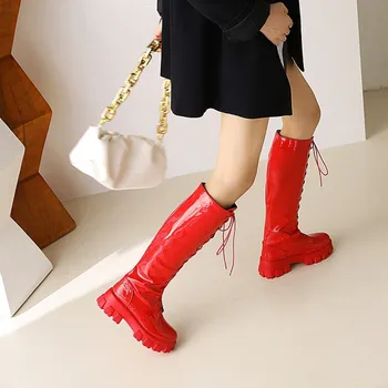 Ochanmeb/Cipele od lakirane Umjetne kože, ženske cipele u gotičkom stilu, Zimske ženske Marke Čizme do Koljena s Debelim Potplatima od uvezivanje, gotički Čizme 43, Crvene Cipele