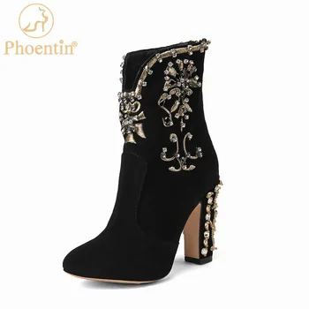 Phoentin/Black ženske Čizme od prave kože u retro stilu sa dekoracijom u obliku kristala, munje straga, na visoku petu cipele, cipele za Jesen stranke, Velike Dimenzije 34-43 FT1932