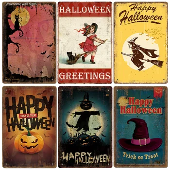 Sretan Plakat na Halloween, Berba, od Kositra, Znakovi, Zombija, Večernje, Trik ili Poslastice, Bundeva, Metalna Pločica, Klasicni Zidni Dekor za Kafić, Bar, Pub