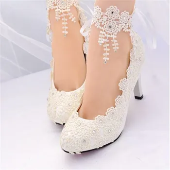 Ženske bijele svadbene cipele na visoku petu, ženske cipele, cvjetne čipke cipele za mladenke s cvjetnim uzorkom, ženske cipele, plitka obuća, 4,5/8 cm, velike
