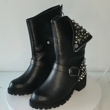 Ženske čizme do sredine kavijara od prave kože, velike dimenzije 22-27,9 cm, metalne zakovice + buckle, baršun ženske zimske cipele i čizme do kavijara + boots